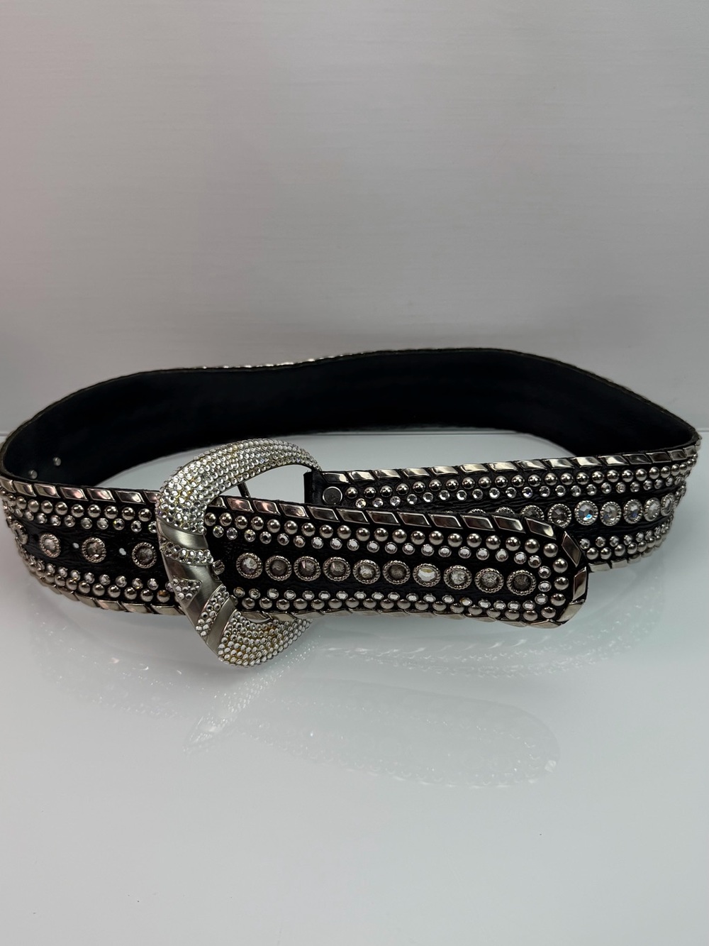 Kippys Women’s Black Leather Swarovski Crystal Wide Western Belt 43”